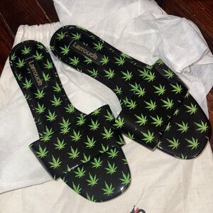 Larroude Black and Green Leaf Sandals